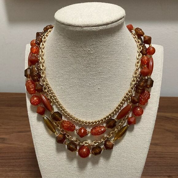 Vintage Jewelry - Vintage Multi-strand Gold tone Necklace with Orange and Brown Glass Beads.